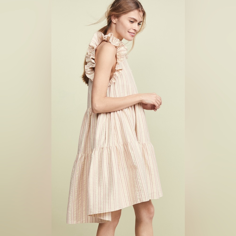 ULLA JOHNSON Tamsin Striped Cotton Ruffle Flutter Sleeve Trapeze Dress Natural